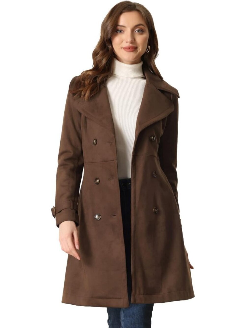 Chic Women's Faux Suede Trench Coat Jacket - Stylish Fall Winter Overcoat